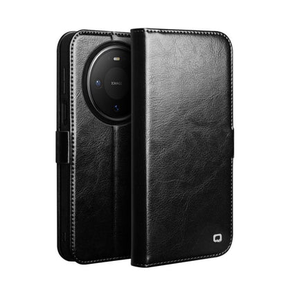 Black genuine leather wallet phone case, open view with camera module protected