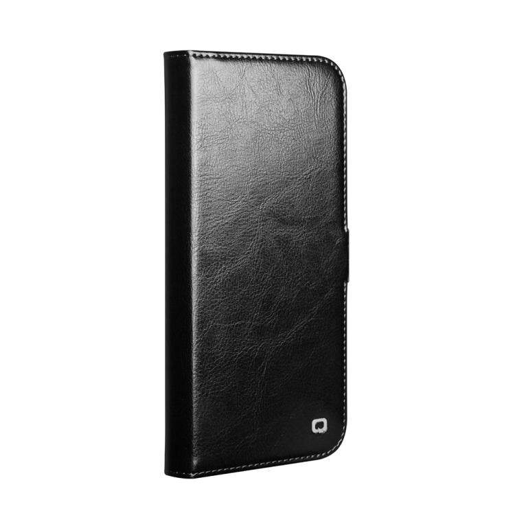 Black genuine leather phone case, closed front with rounded edges and clasp