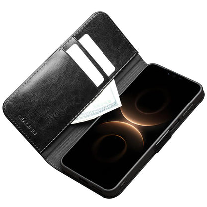 Black leather phone case with card slot; open cover shows inner pockets