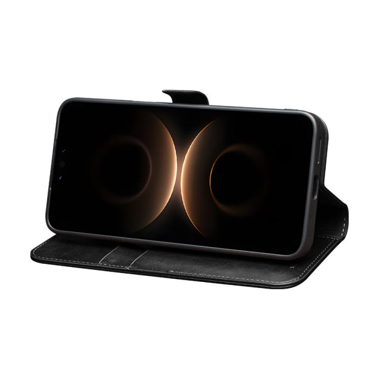 Black leather flip phone case holding a phone with screen facing outward