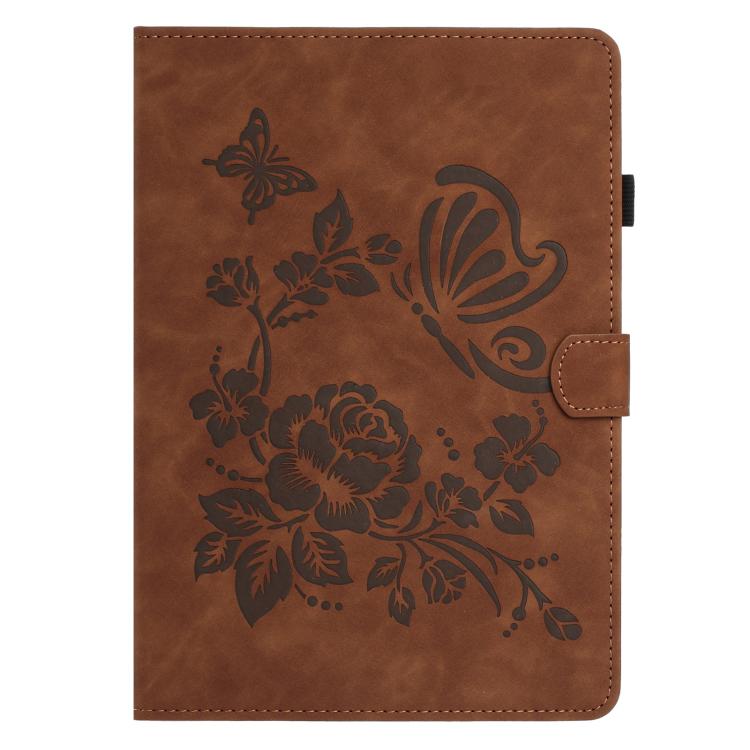 Brown embossed butterfly and flower folio tablet case with front flap and side strap.