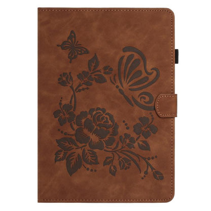 Brown embossed butterfly and flower folio tablet case with front flap and side strap.