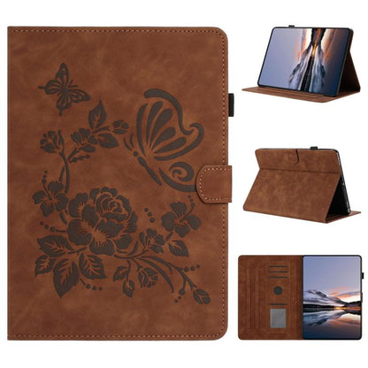 Brown leather smart tablet case with embossed butterfly and floral pattern, stand cover