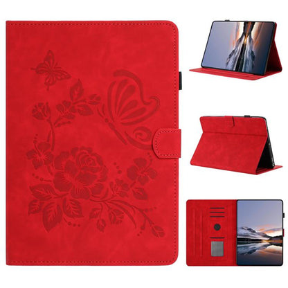 Red leather smart tablet case with embossed butterfly and floral pattern, folio stand