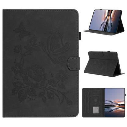 Black leather smart tablet case with embossed butterfly and flowers, folio stand