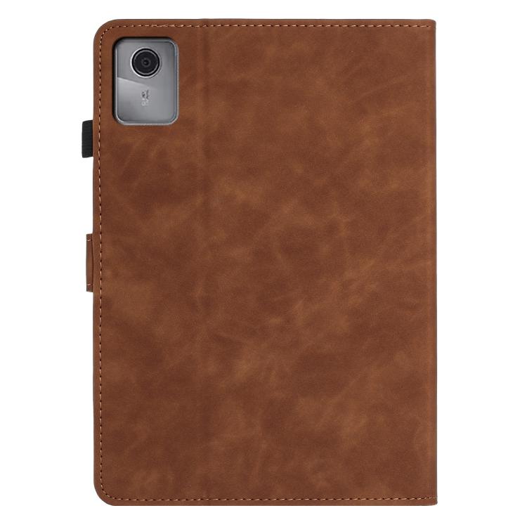 Brown leather-style tablet case back with camera cutout and stitching
