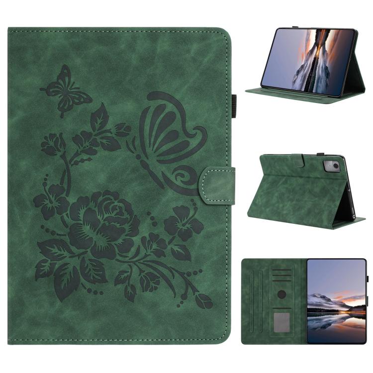 Green embossed leather-style tablet case with butterfly and floral pattern