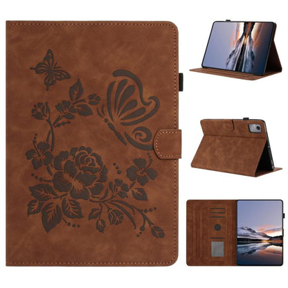 Brown embossed leather smart tablet case with floral butterfly embossing and folio stand