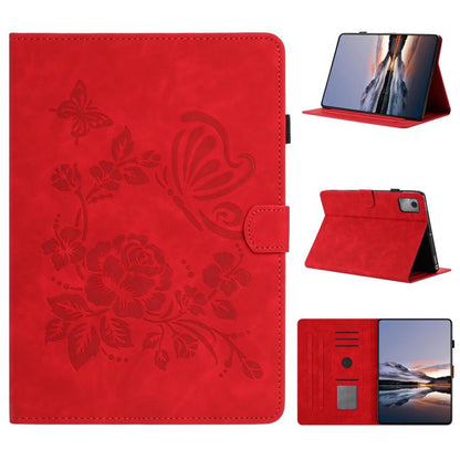 Red embossed leather smart tablet case with floral butterfly embossing and folio stand