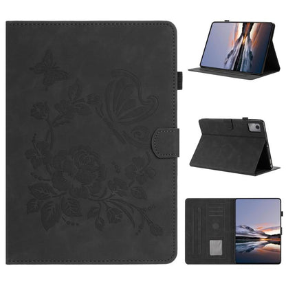 Black embossed leather smart tablet case with floral butterfly pattern and flip-cover stand