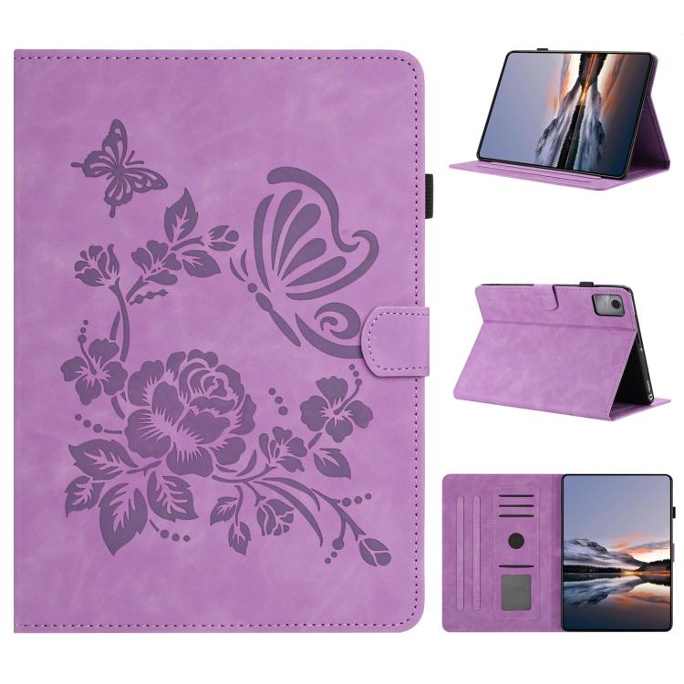 Light purple embossed leather tablet case with butterfly and floral pattern, fold stand