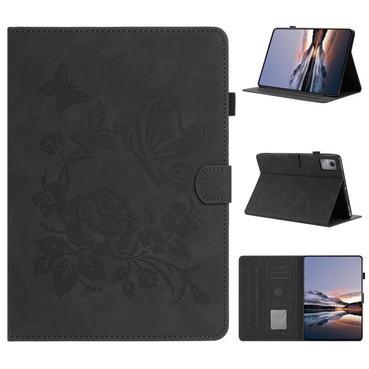 Black embossed leather tablet case with butterfly and floral pattern, fold stand