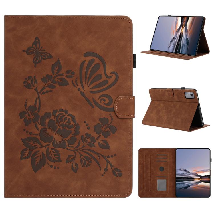 Embossed leather smart tablet case with butterfly and floral pattern, brown