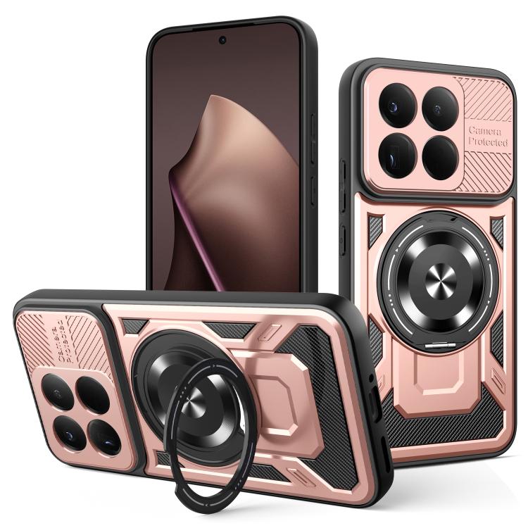 Armor phone case with MagSafe rotating ring stand, rose pink with gray details