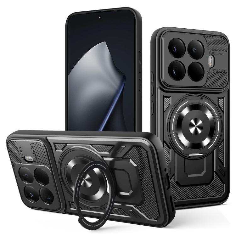 Armor phone case with rotating ring stand, black textured rugged shell