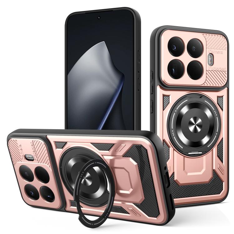 Armor phone case with MagSafe rotating ring stand, rose pink with gray details
