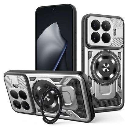 Armor phone case with MagSafe rotating ring stand, silver/gray with black details