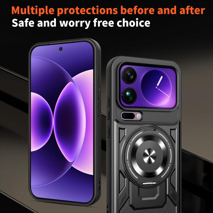 Black MagSafe phone case with rotating circular holder and dual camera cutouts.
