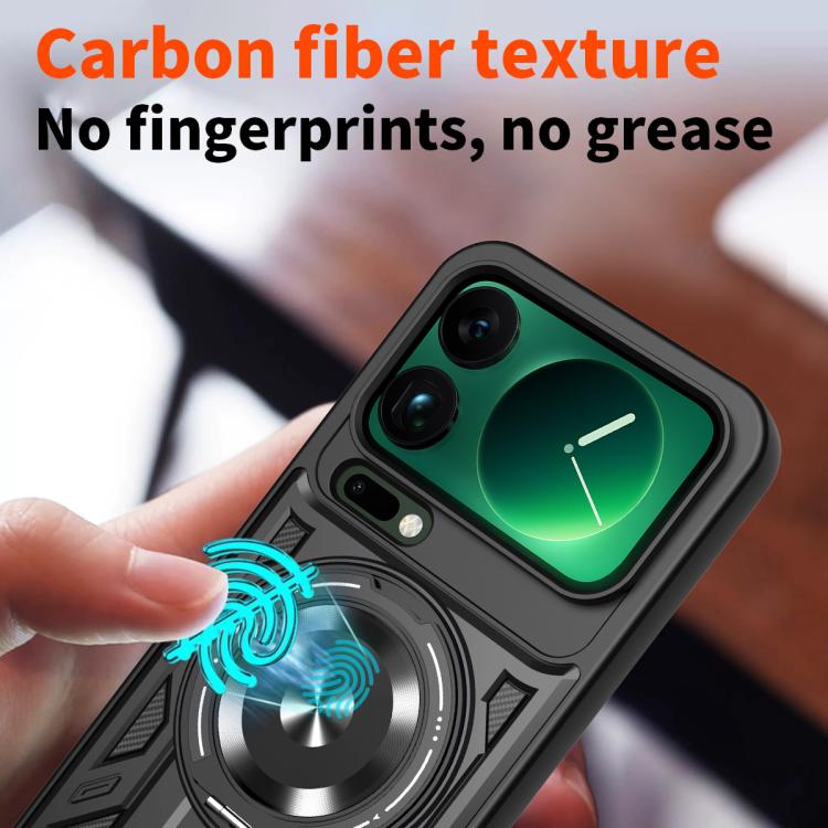 Black armor phone case with rotating ring holder and MagSafe, carbon-fiber look