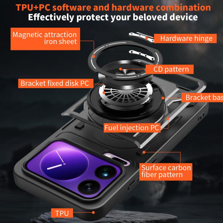 Armor phone case design with rotating holder and camera openings, black with purple accents.