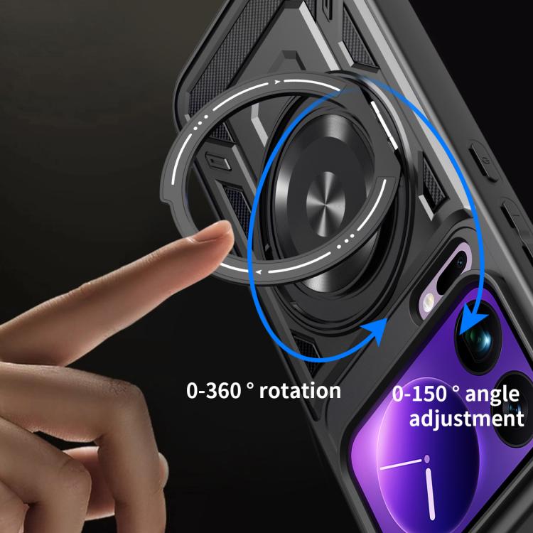 Black rotating MagSafe phone case with 0–360° ring and adjustable angle support.