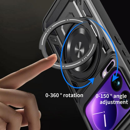 Black rotating MagSafe phone case with 0–360° ring and adjustable angle support.