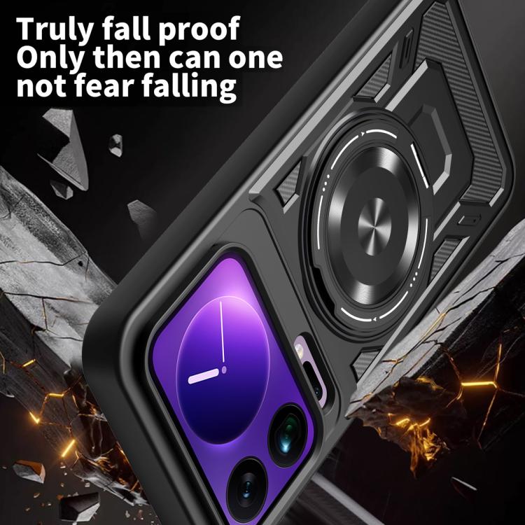 Impact-protective black armor MagSafe case with rotating ring and corner drop protection.