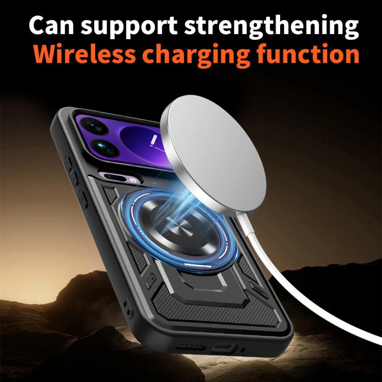 Black rotating MagSafe phone case with wireless charging magnet ring and cable-ready design.