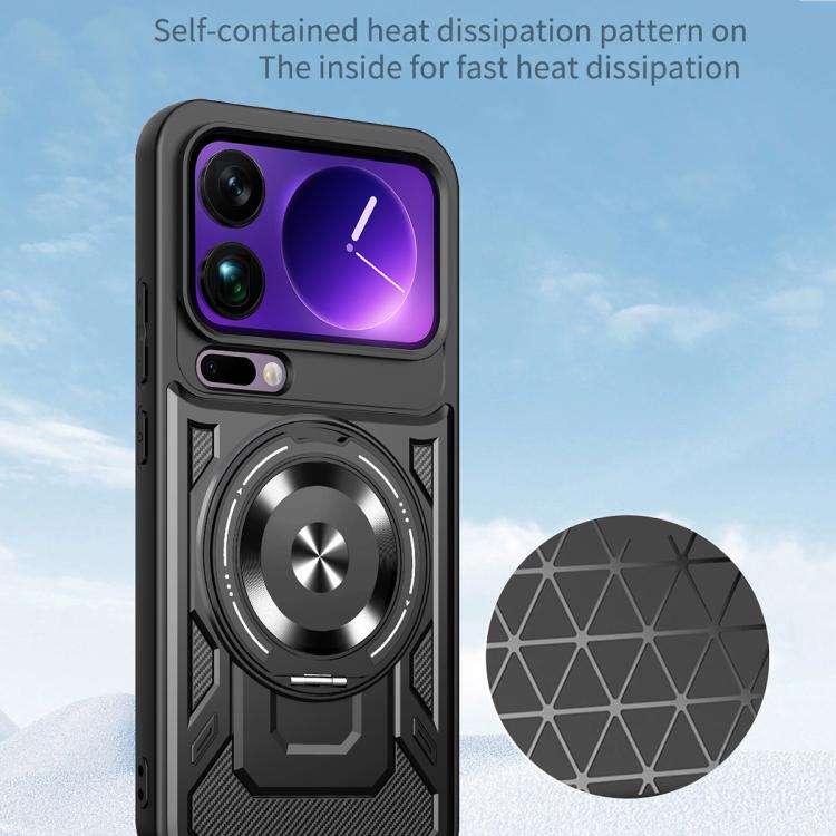 Black armor MagSafe phone case with rotating holder ring and textured heat-dissipation panel.