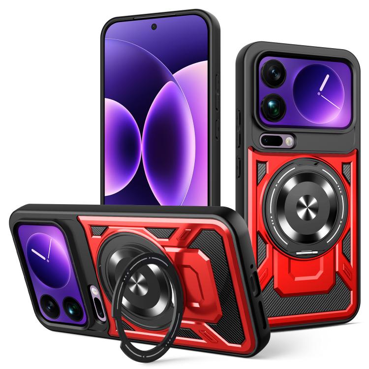Red and black armor MagSafe phone case with rotating ring holder and camera cover