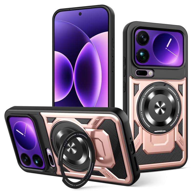 Rose and black armor MagSafe phone case with rotating ring holder and camera cover
