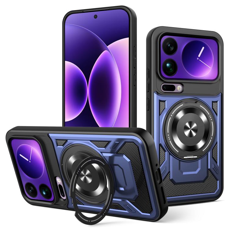 Blue and black armor MagSafe phone case with rotating ring holder and camera cover
