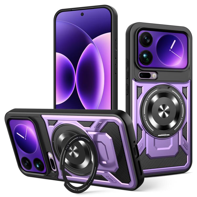 Purple and black armor MagSafe phone case with rotating ring holder and camera cover