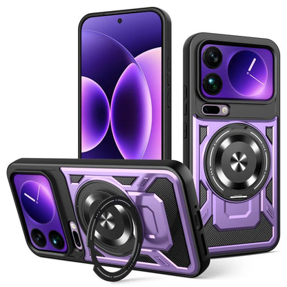 Purple and black armor MagSafe phone case with rotating ring holder and camera cover