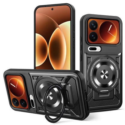 Orange and black armor MagSafe phone case with rotating ring holder and camera cover