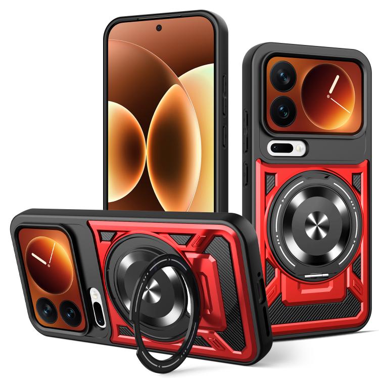 Red and black armor MagSafe phone case with rotating ring holder and camera cover