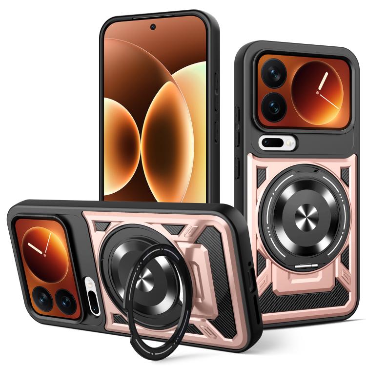 Rose and black armor MagSafe phone case with rotating ring holder and camera cover