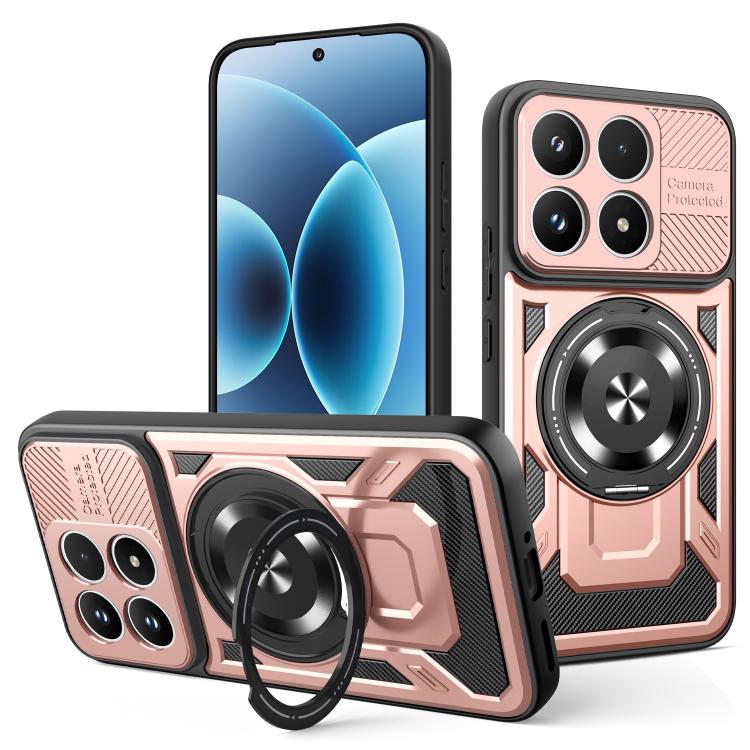 Armor phone case with rotating ring stand, rose gold textured rugged shell