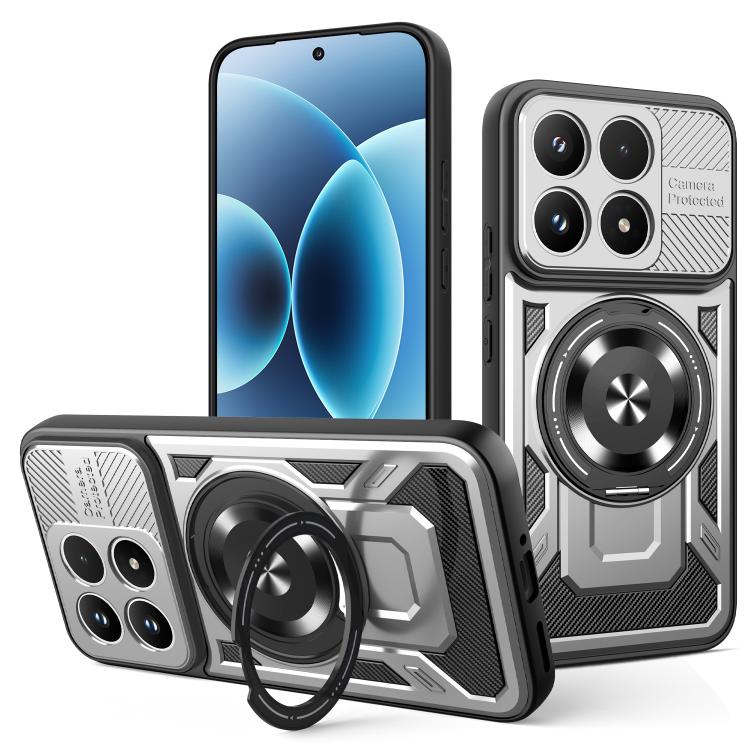 Armor phone case with rotating ring stand, light gray textured rugged bumper