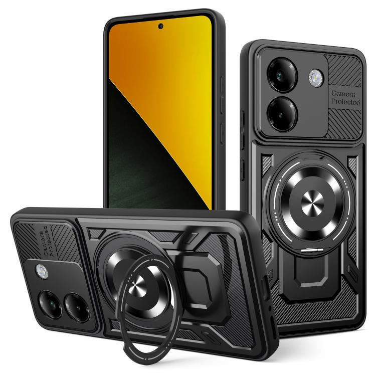 Black armor rotating MagSafe phone case with circular ring stand detail