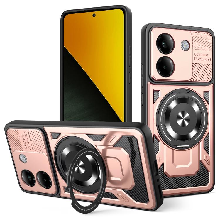 Rose gold armor rotating MagSafe phone case with circular ring stand detail