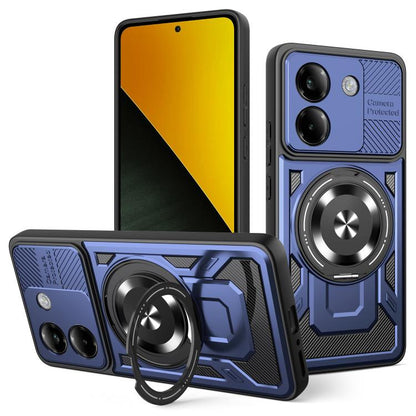 Blue armor rotating MagSafe phone case with circular ring stand detail