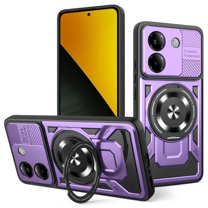 Purple armor rotating MagSafe phone case with circular ring stand detail