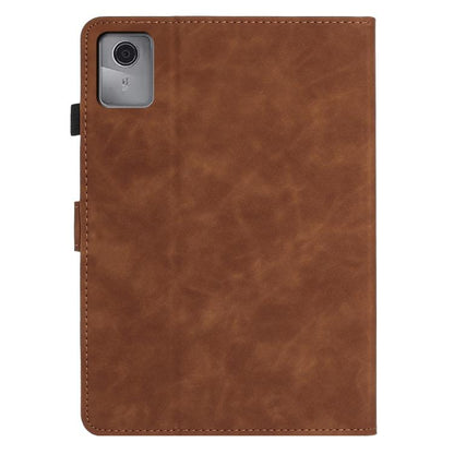 Brown smart tablet case with camera cutout and stitched edge design
