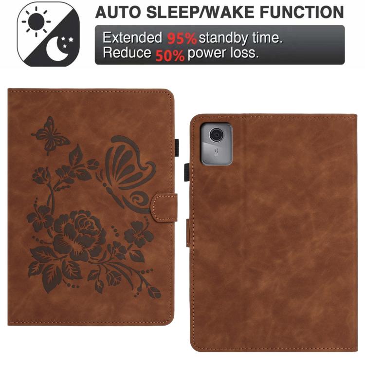 Brown tablet case showing front floral embossed design and back camera opening