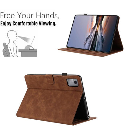 Brown smart tablet case folded into angled viewing stand