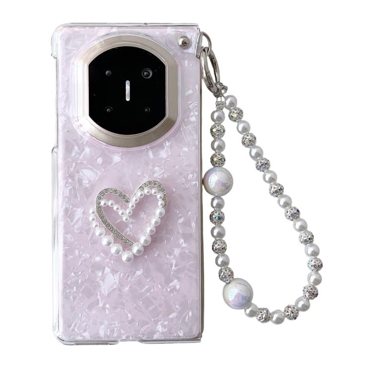 Light pink shell phone case with rhinestone heart and pearl beaded love bracelet