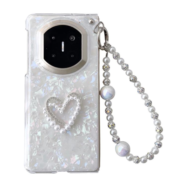 Light pink shell-pattern phone case with heart pearl motif and pearl beaded strap