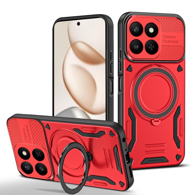 Red TPU phone case with MagSafe rotating holder ring stand, camera protection.