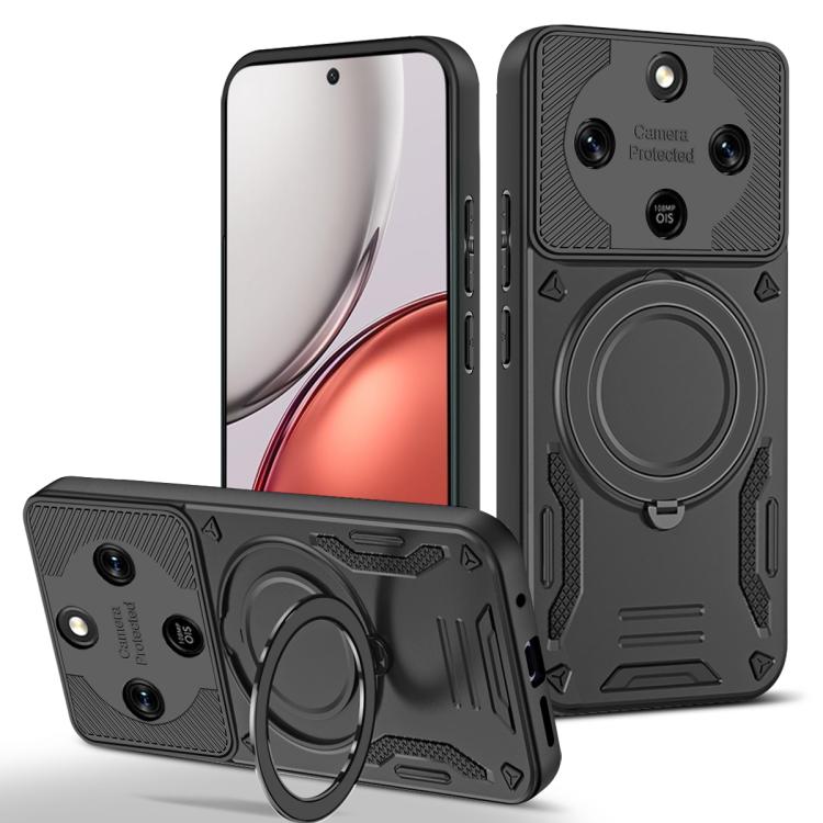 Black TPU phone case with MagSafe ring stand and rotating holder, camera cover.